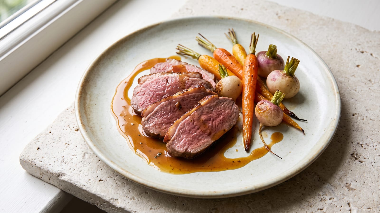 Agneau de pré-salé du Mont-Saint-Michel rôti, jus au cidre et thym, légumes du potager